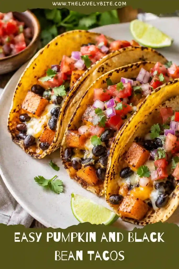 Crispy pumpkin black bean tacos filled with creamy pumpkin puree, hearty beans and melted pepper jack cheese. The golden tacos are served with avocado, pico de gallo and lime.
