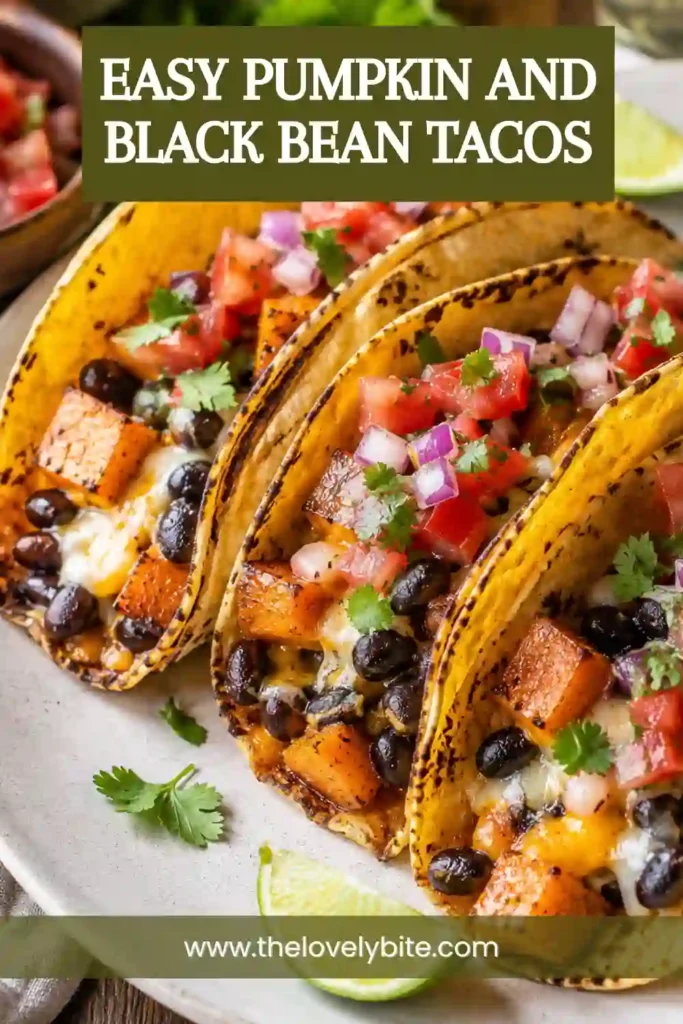Pumpkin and Black Bean Tacos with crispy golden corn tortillas filled with seasoned pumpkin, refried black beans and melted cheese. Fresh avocado and salsa add colorful toppings.