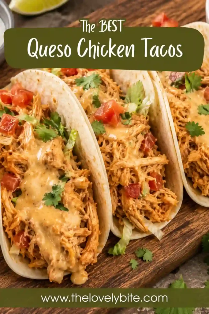 Creamy chicken tacos made with seasoned shredded chicken and rich salsa con queso. Fresh cilantro, tomatoes, lettuce, and sour cream finish the easy taco dinner.