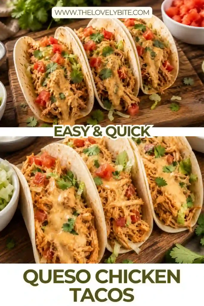 Slow cooker chicken tacos with creamy queso chicken filling, green chiles, and diced tomatoes. The cheesy chicken is served inside warm street taco flour tortillas with fresh toppings.
