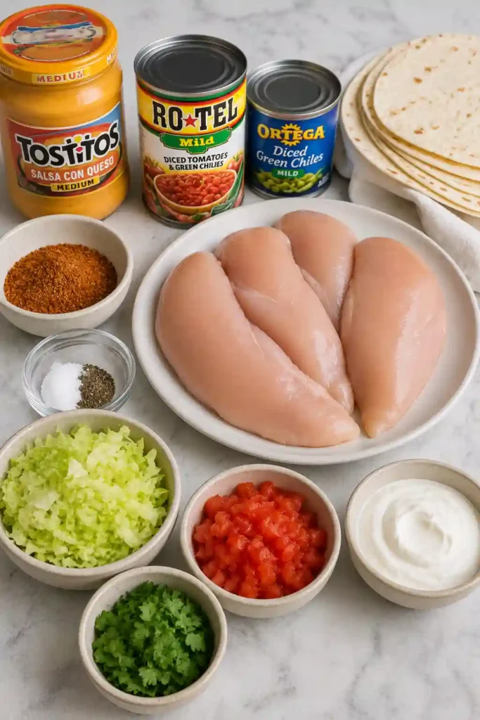 Easy Queso Chicken Tacos featuring juicy shredded chicken in a creamy cheese sauce. Soft tortillas and colorful fresh toppings create a comforting family-style meal.