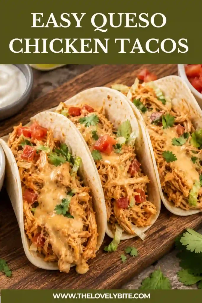 Queso Chicken Tacos filled with tender shredded chicken coated in creamy queso and served in soft flour tortillas. Fresh lettuce, tomatoes, cilantro, and sour cream add colorful taco toppings.