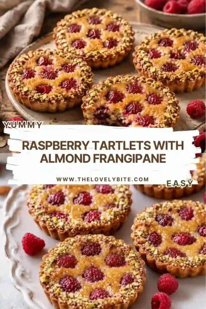 Raspberry almond tartlets with buttery pastry, baked frangipane, fresh red raspberries, and chopped pistachios. The individual tarts have a shiny apricot glaze and golden edges.
