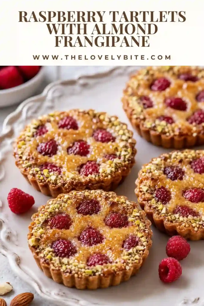 Raspberry Tartlets filled with golden almond frangipane and fresh raspberries in crisp pastry shells. Apricot glaze and finely chopped pistachios create a glossy, colorful finish.