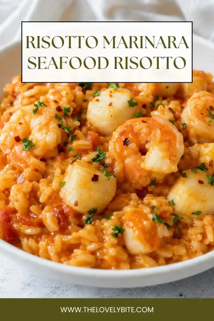 Shrimp and scallop risotto with creamy tomato rice, garlic, parsley and red pepper flakes. The seafood is nestled throughout the rich Arborio rice.