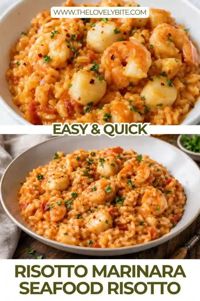 Creamy seafood risotto filled with pink shrimp and golden-white scallops in tomato-infused Arborio rice. Chopped parsley and lemon wedges garnish the Italian-inspired dish.