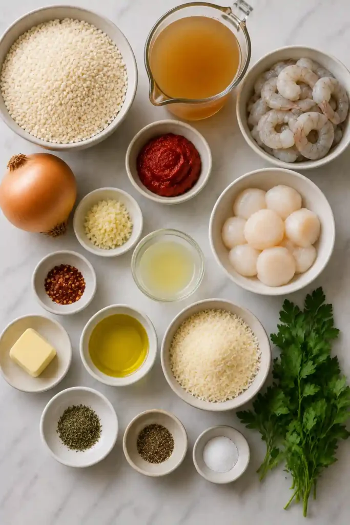 Risotto Marinara (Seafood Risotto) served with shrimp and scallops in creamy tomato rice. Fresh lemon, parsley and black pepper finish the savory seafood dinner.