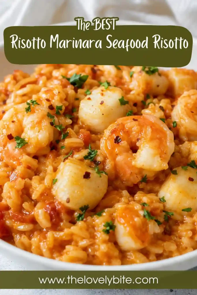 Risotto Marinara with creamy tomato Arborio rice, tender shrimp and sea scallops. Fresh parsley and lemon add color and brightness to the seafood risotto.