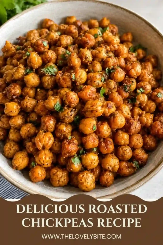 A bowl filled with crispy roasted chickpeas seasoned with smoked paprika and sumac. These oven roasted chickpeas make a healthy vegan snack with a perfectly crunchy texture.