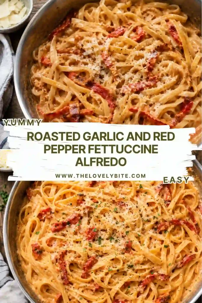 Roasted Garlic and Red Pepper Fettuccine Alfredo served in a bowl and topped with fresh parsley and grated Parmesan. The creamy pasta features a smooth roasted red pepper sauce.
