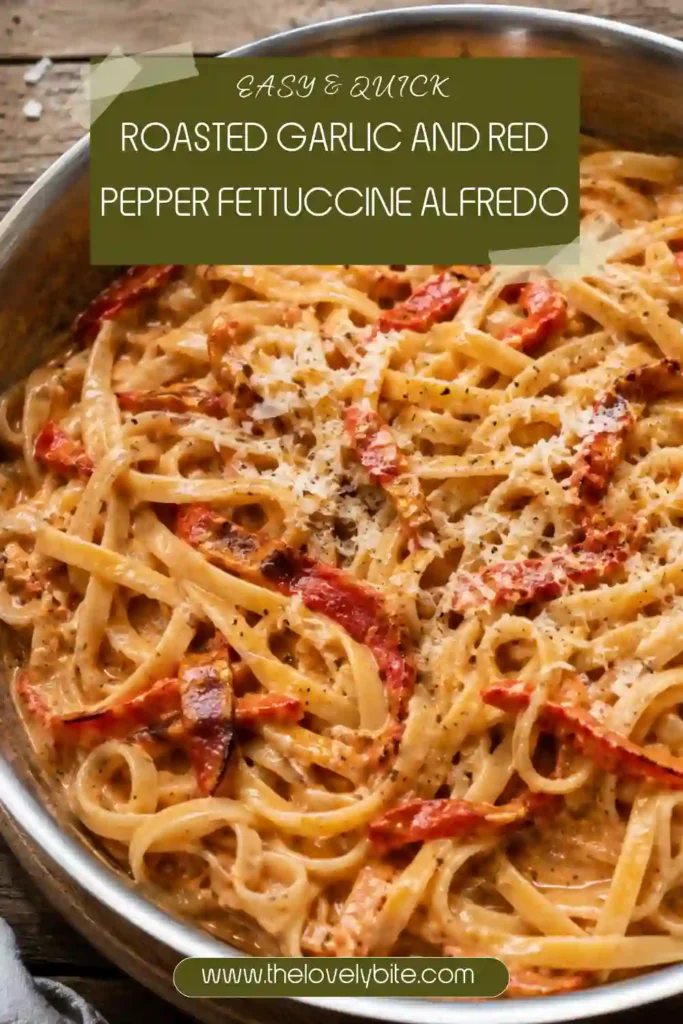 A comforting serving of roasted red pepper pasta with garlic Alfredo sauce, Parmesan cheese, and parsley. The colorful fettuccine is coated in a smooth, creamy sauce.
