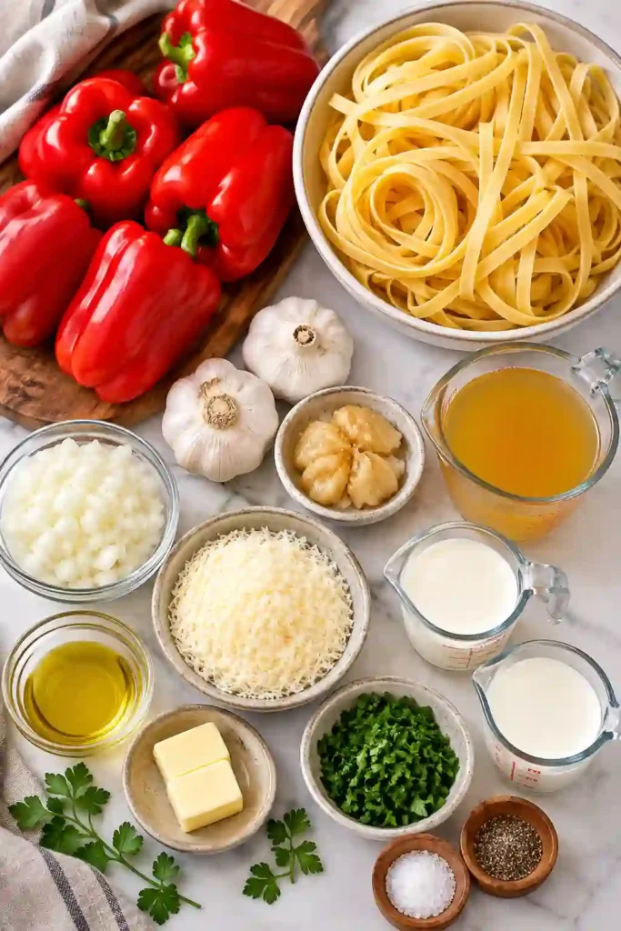 Close-up of creamy red pepper pasta made with roasted garlic, Parmesan, cream, and fettuccine. The vibrant orange-red Alfredo sauce coats every noodle.
