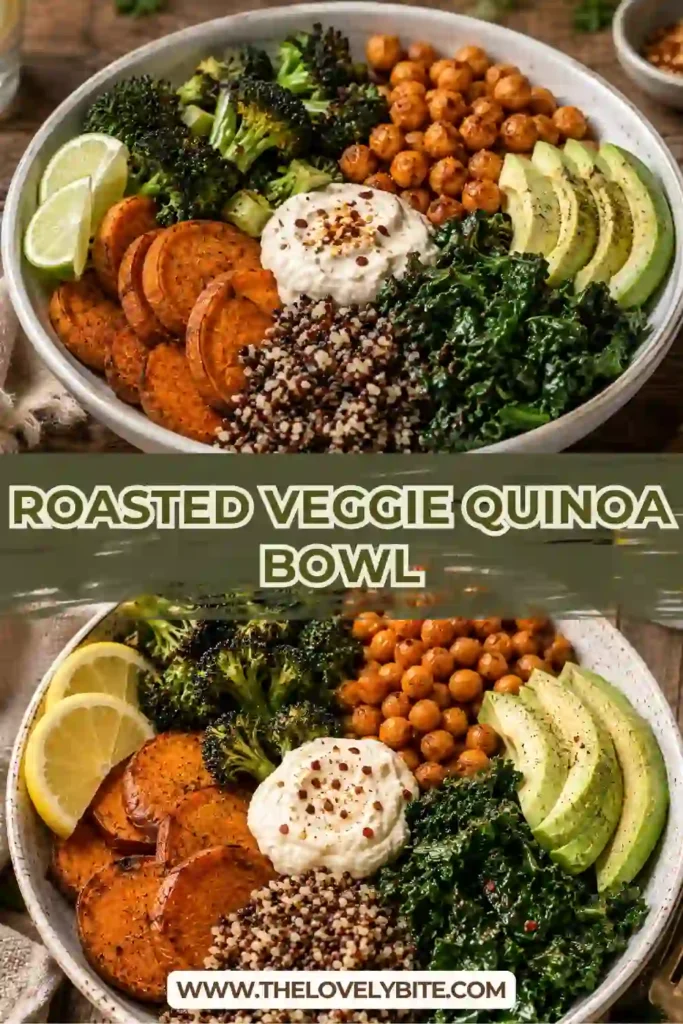 Healthy vegan quinoa recipe served with roasted vegetables, garlic broccoli, spicy chickpeas, and creamy avocado. A balanced and protein-rich meal for lunch or dinner.