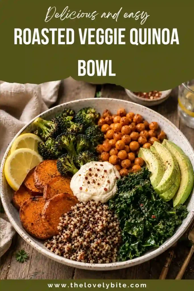 Fresh chickpea quinoa bowl topped with roasted sweet potatoes, kale, broccoli, and avocado. A hearty plant-based meal loaded with colorful vegetables.