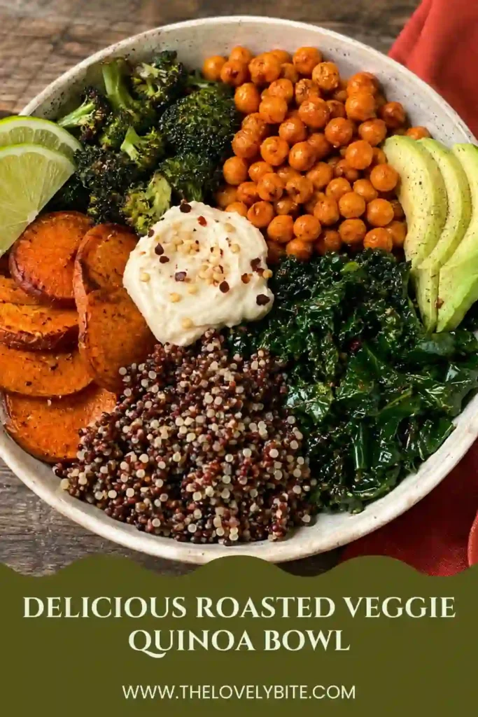 Roasted Veggie Quinoa Bowl arranged with fluffy quinoa, crispy chickpeas, roasted broccoli, sweet potatoes, kale, and lime wedges. A healthy homemade meal packed with flavor.