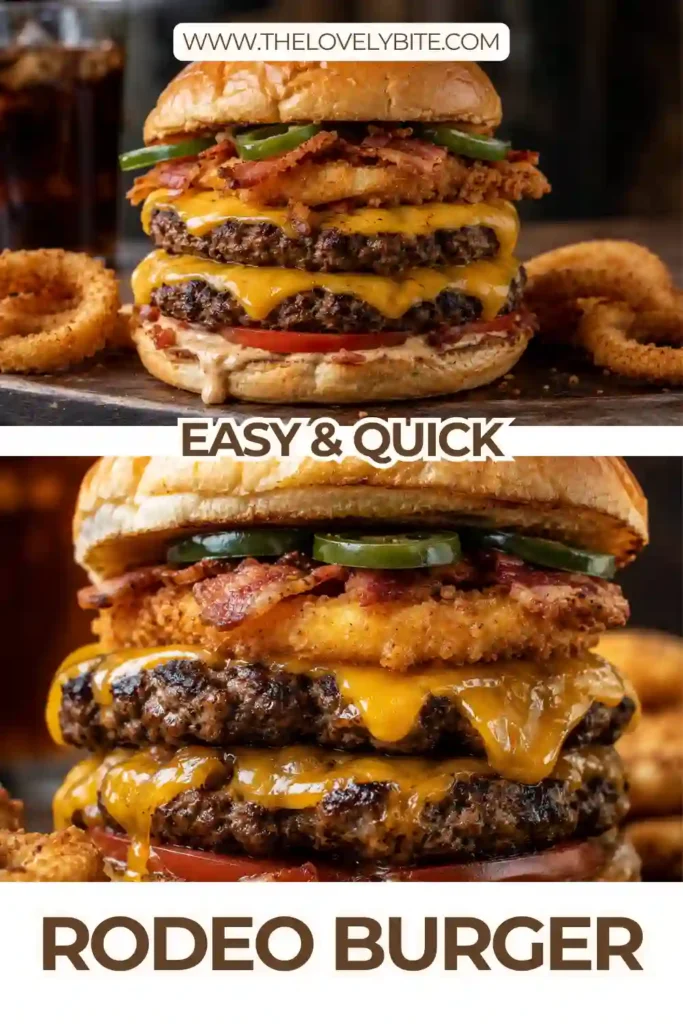 A loaded Rodeo Burger on a toasted bun with melted cheddar, crispy onion rings, jalapeños, tomato, turkey ham, and BBQ sauce. The juicy BBQ burger is layered with bold, colorful toppings.
