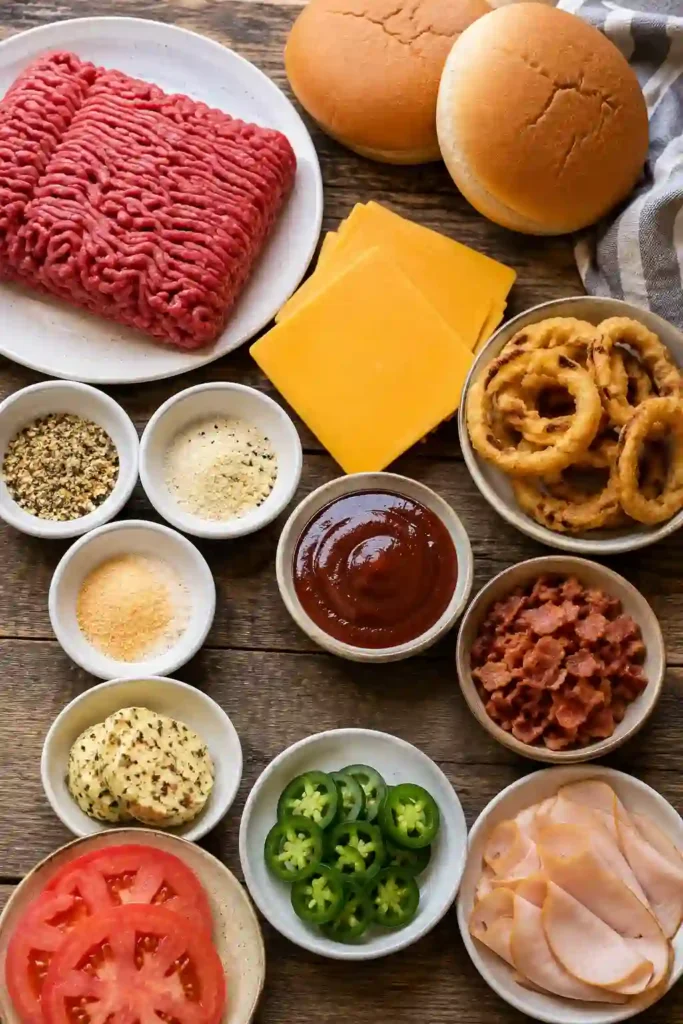 A cheesy Rodeo Burger stacked with seasoned beef, crunchy onion rings, sliced jalapeños, tomato, turkey ham, and tangy BBQ sauce. The toasted bun gives this loaded burger a golden, rustic finish.