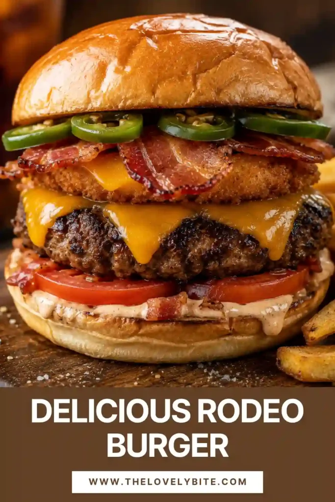 Close-up of a Rodeo Burger featuring a seasoned beef patty, melted sharp cheddar, crispy onion rings, jalapeño slices, and barbecue sauce. Toasted buns and fresh tomato complete this hearty cowboy burger.