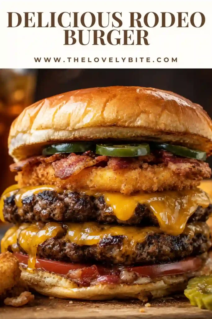 Homemade Rodeo Burger served with crispy onion rings and a juicy beef patty covered in melted cheddar and BBQ sauce. Jalapeños and turkey ham add extra flavor and texture.