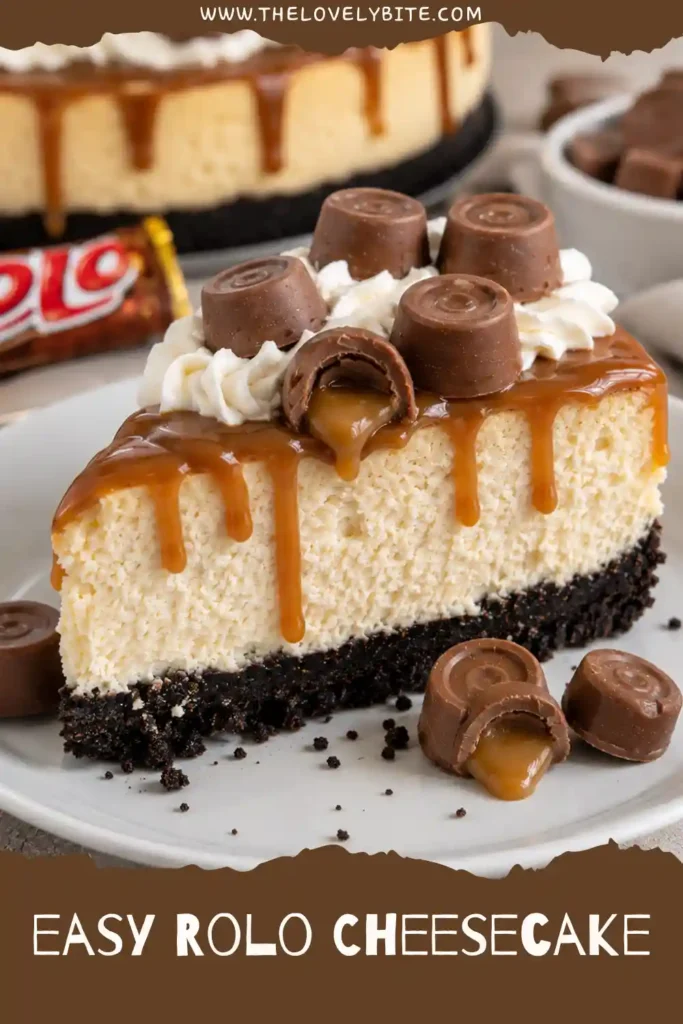A tall slice of Rolo Cheesecake showing a chocolate cookie crust, creamy vanilla cheesecake filling, and caramel topping. Whipped cream and caramel chocolate candy decorate the top.