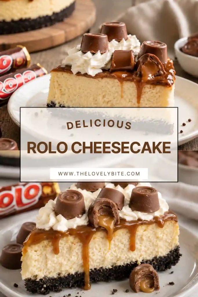 Close-up slice of creamy caramel cheesecake with a chocolate sandwich cookie crust. A thick caramel topping and whipped cream garnish create a rich Rolo-inspired dessert.
