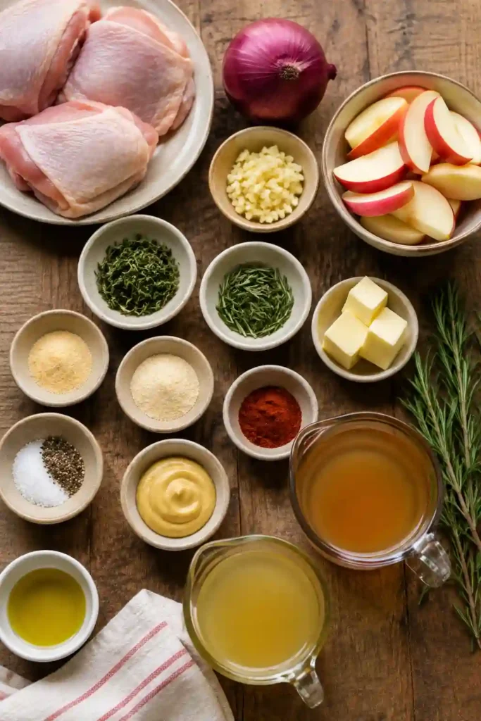 Rosemary Apple Cider Chicken served in a skillet with golden-brown chicken thighs, Honeycrisp apples, and red onion. Fresh rosemary and a glossy apple cider sauce give the dish a warm, savory finish.