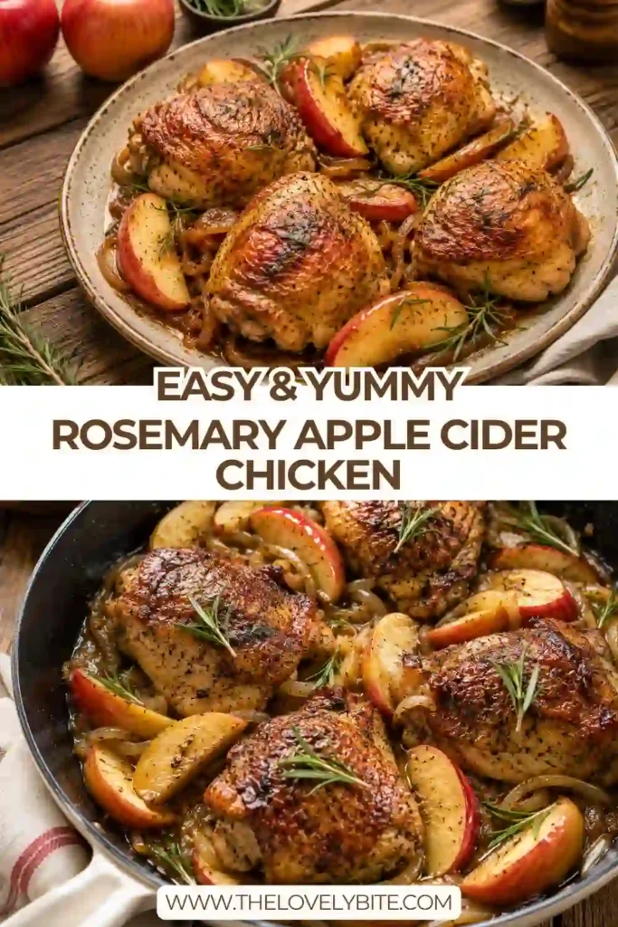 A skillet of apple cider chicken thighs surrounded by sliced Honeycrisp apples, red onion, and rosemary. The chicken is golden and coated with a buttery Dijon apple cider sauce.