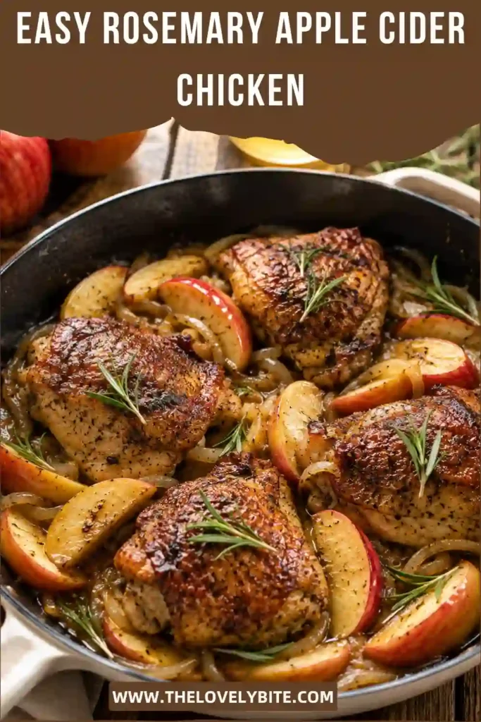 Rosemary Apple Cider Chicken featuring roasted chicken thighs, caramelized apples, red onion, and fresh herbs. The savory chicken is topped with a rich cider and Dijon pan sauce.