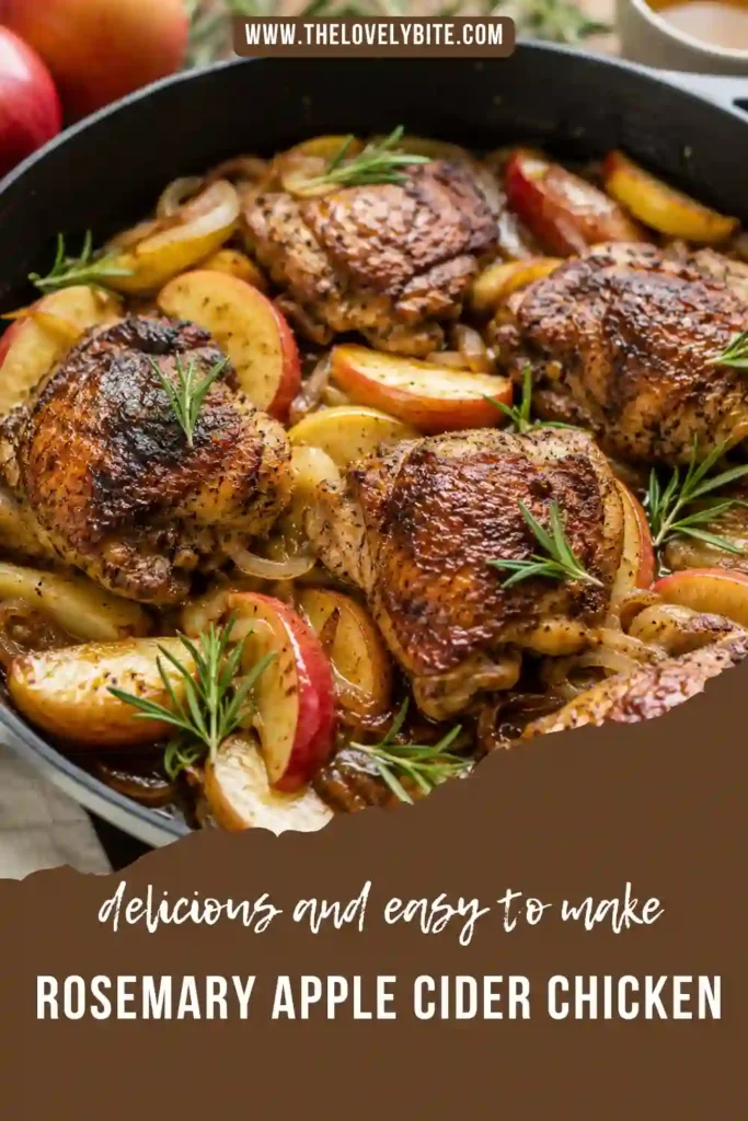 Easy one-pan chicken dinner with rosemary-seasoned chicken thighs, Honeycrisp apples, red onion, and apple cider sauce. Fresh rosemary sprigs garnish the skillet for a rustic finish.