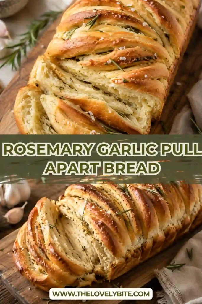 Cheesy garlic pull apart bread with a deeply golden crust, fresh rosemary, and buttery folded layers. Melted cheese is visible between the soft pieces of homemade bread.