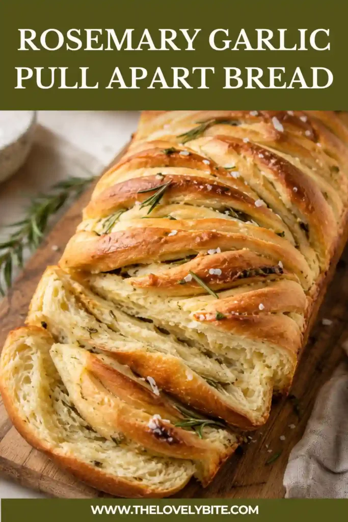 Rosemary Garlic Pull Apart Bread baked until golden with layers of garlic herb butter, fresh rosemary, and melted cheese. The soft folded bread layers pull apart easily for serving.