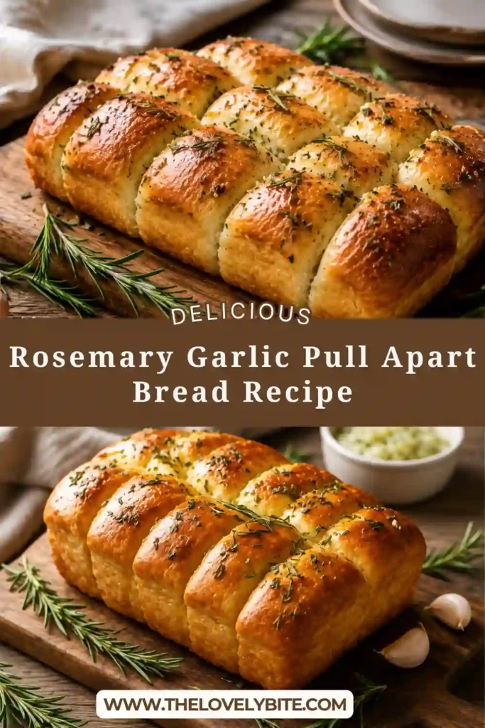 A golden rosemary garlic pull apart bread loaf baked in a round pan, with visible layers of soft bread and fragrant herbs. Fresh rosemary and garlic add color and savory flavor to this homemade pull apart bread.