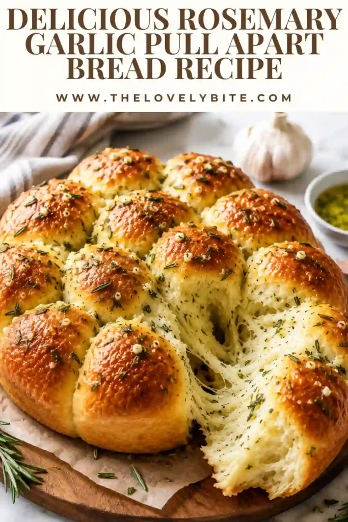Freshly baked rosemary garlic pull apart bread with fluffy layered pieces and a golden crust. The homemade garlic bread is topped with fresh rosemary for a rustic finish.