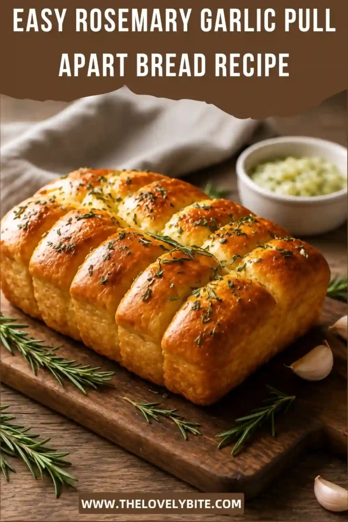 Rosemary garlic pull apart bread served warm with individual pieces separating easily. The bread has a golden crust and visible garlic and rosemary throughout the layers.
