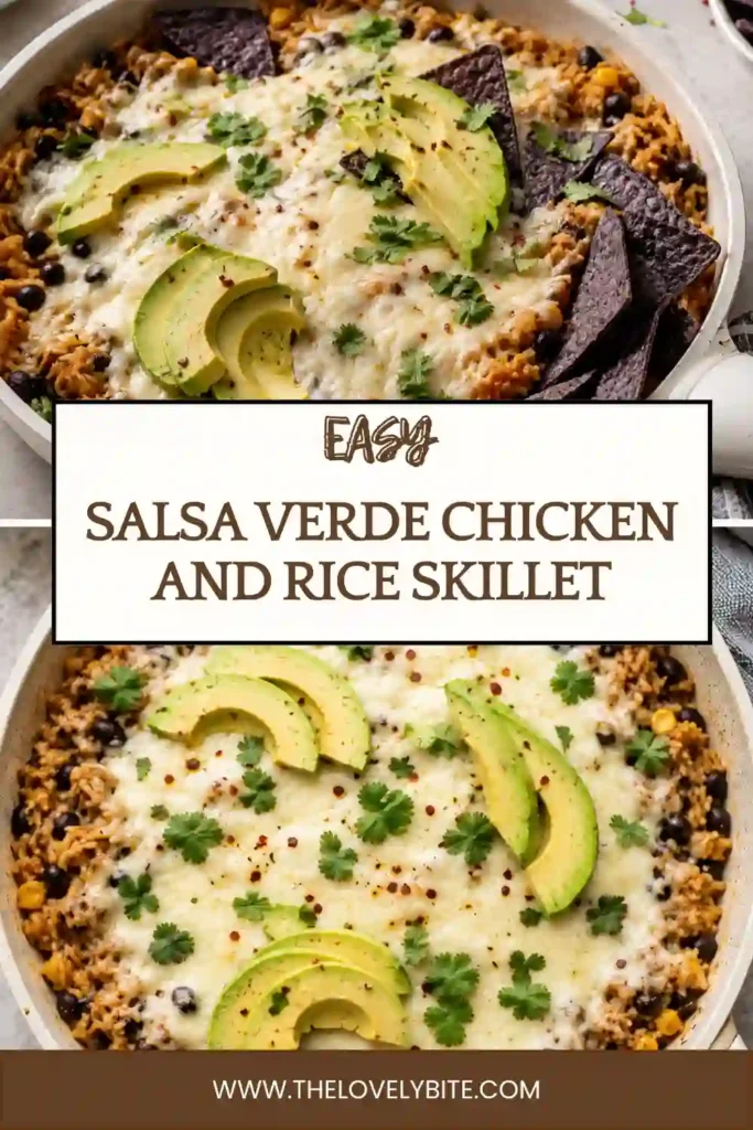 A skillet filled with salsa verde chicken and rice, black beans, roasted corn, green chiles, and melted Monterey Jack cheese. Fresh cilantro and sliced avocado add bright color to this easy one-pan chicken and rice dinner.