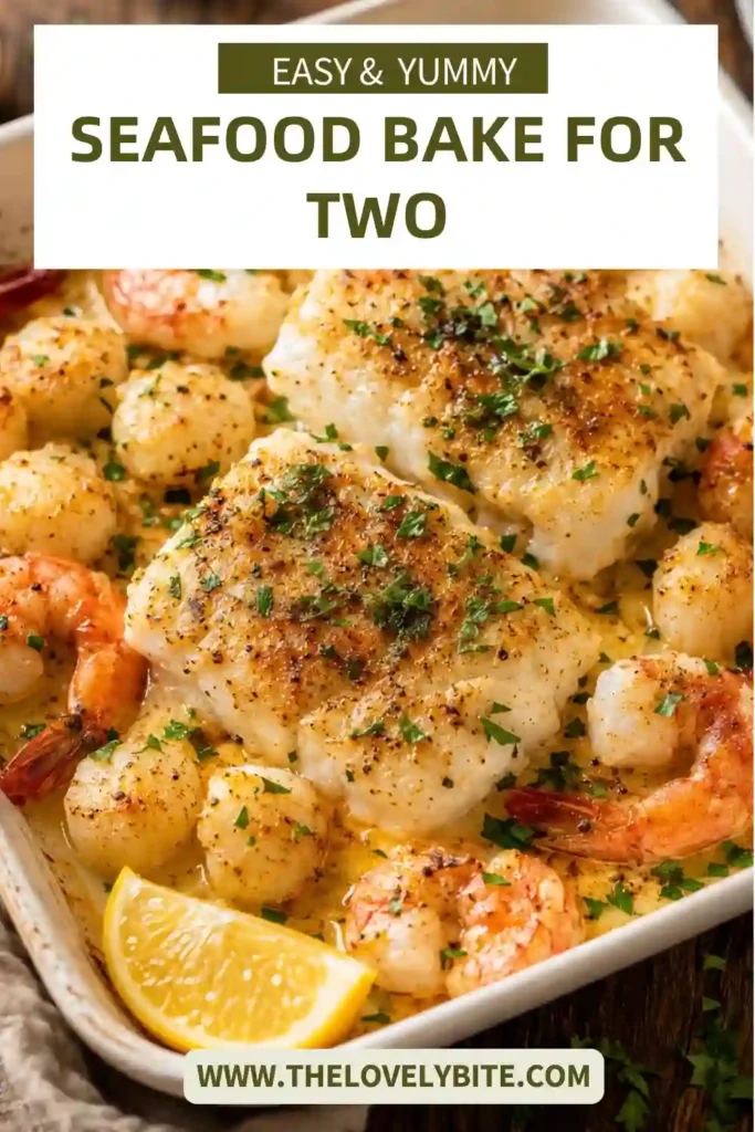 Mixed seafood bake featuring tender halibut, jumbo shrimp, and sea scallops cooked with butter, garlic, lemon, and herbs. The seafood is served hot in a rustic baking dish.