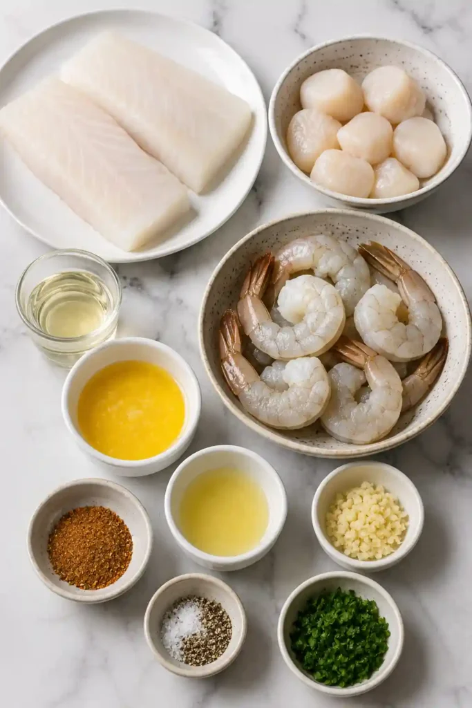 Garlic butter seafood bake for two with flaky white fish, juicy shrimp, and tender scallops. Lemon wedges and fresh parsley complement the golden baked seafood.
