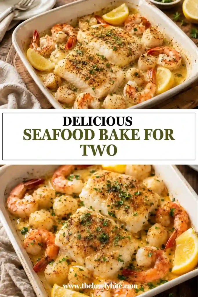 Easy baked seafood with halibut, pink shrimp, and golden scallops served in buttery garlic lemon sauce. Fresh parsley is scattered over the warm seafood bake.