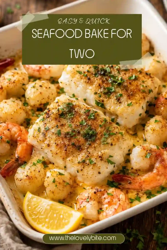 Seafood Bake for Two with flaky halibut fillets, jumbo shrimp, and tender scallops in a garlic lemon butter sauce. Fresh parsley and lemon add a bright finish to the baked seafood.