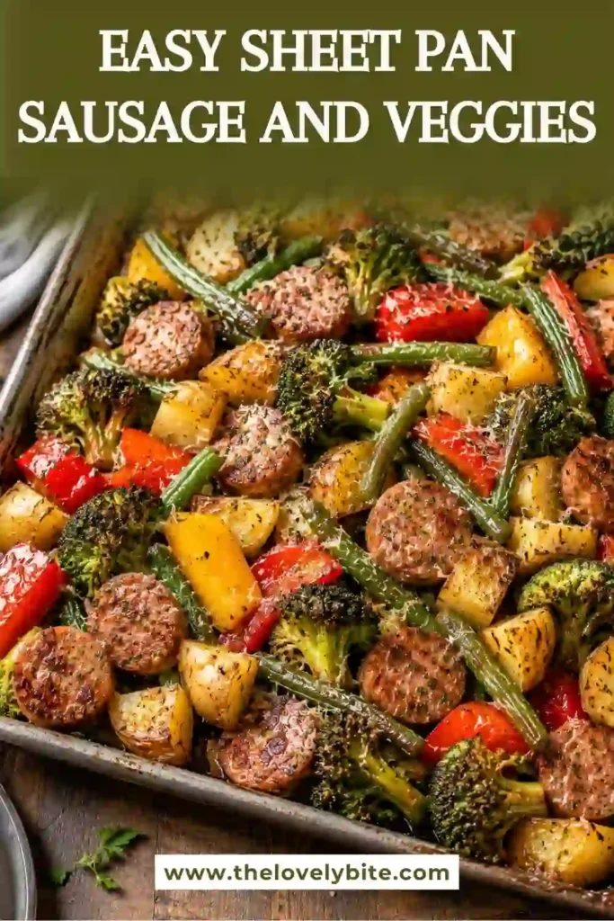 Freshly roasted Sheet Pan Sausage and Veggies served on a baking sheet with colorful vegetables and sliced smoked beef sausage. This easy one pan dinner is hearty and family-friendly.