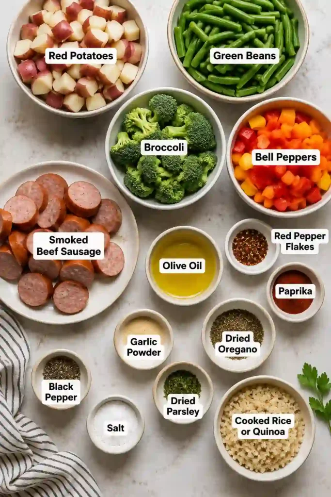 A tray of Sheet Pan Sausage and Veggies featuring roasted baby potatoes, broccoli, green beans, bell peppers, and smoked beef sausage. The vegetables are golden, colorful, and perfectly roasted.