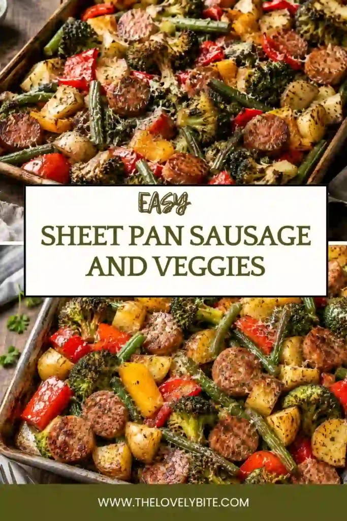 Homemade Sheet Pan Sausage and Veggies prepared with broccoli, peppers, green beans, baby potatoes, and smoked beef sausage for a wholesome weeknight dinner.