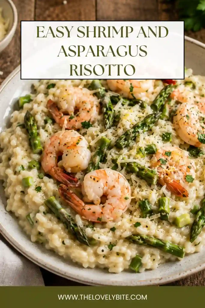 Shrimp and asparagus risotto served warm with tender shrimp, green asparagus, creamy Arborio rice, and Parmesan cheese. The dish has a rich, savory appearance with freshly cracked black pepper.