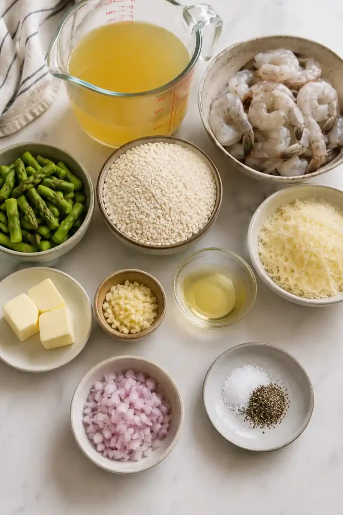 A bowl of creamy shrimp and asparagus risotto made with Arborio rice, tender jumbo shrimp, and fresh green asparagus. Parmesan gives the risotto a rich, silky finish.