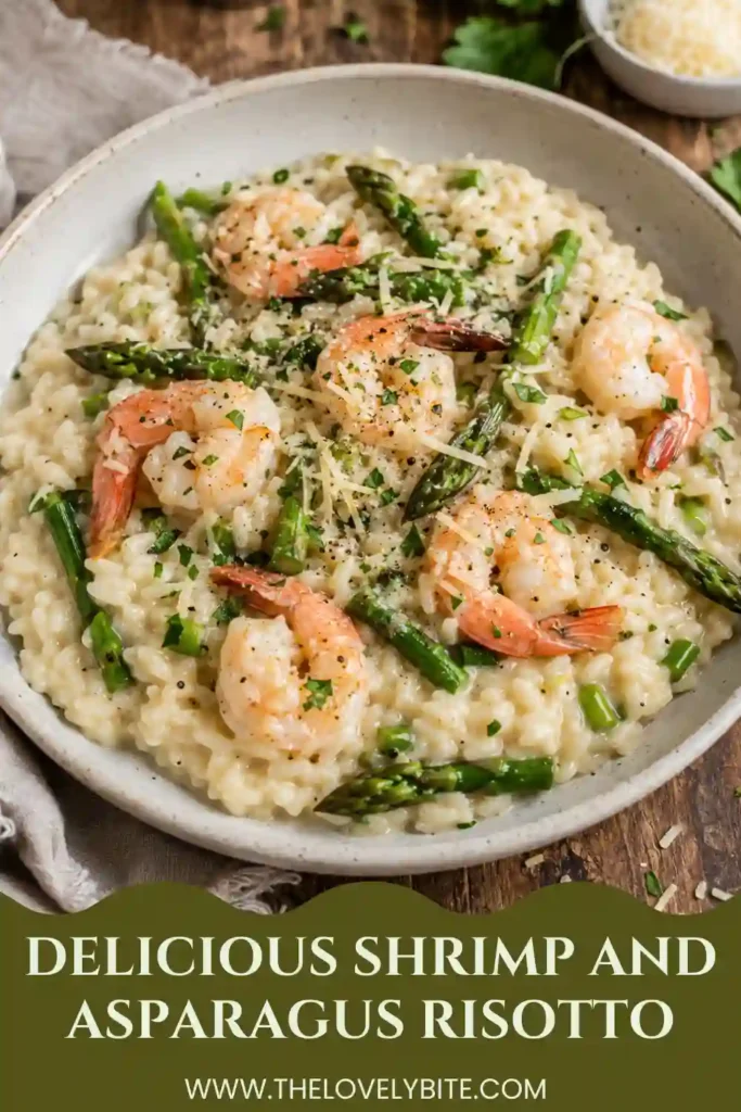 A close-up of creamy shrimp risotto featuring plump shrimp, chopped asparagus, Arborio rice, and melted Parmesan. The golden, creamy rice is finished with black pepper.