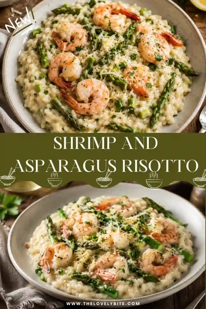 Homemade asparagus risotto recipe topped with juicy shrimp and freshly grated Parmesan cheese. The creamy rice is studded with vibrant green asparagus and seasoned with black pepper.