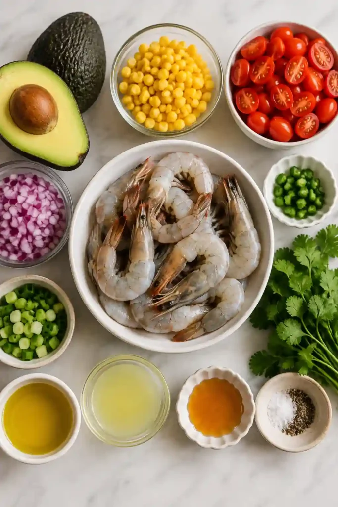 Healthy Shrimp and Avocado Salad with Corn arranged in a serving bowl with ripe avocado, tomatoes, and fresh herbs. A naturally gluten-free salad bursting with fresh flavors.