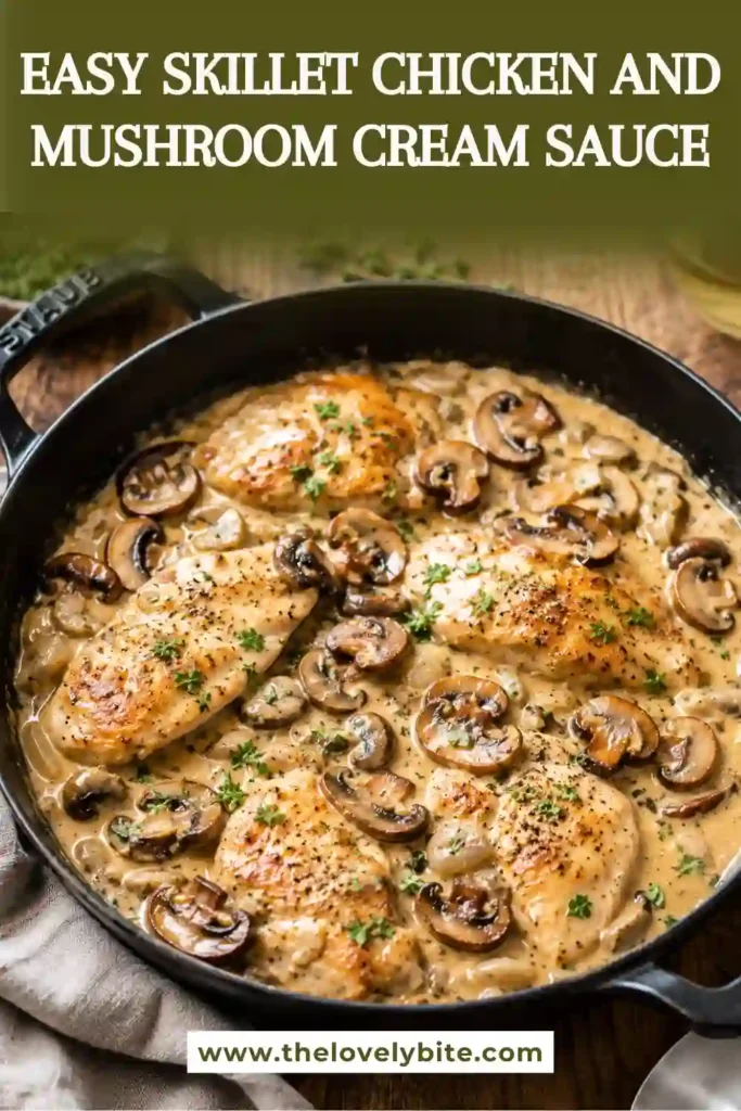 Golden chicken cutlets surrounded by browned mushrooms and creamy Dijon garlic sauce. This skillet chicken dinner is finished with fresh thyme and cracked black pepper.