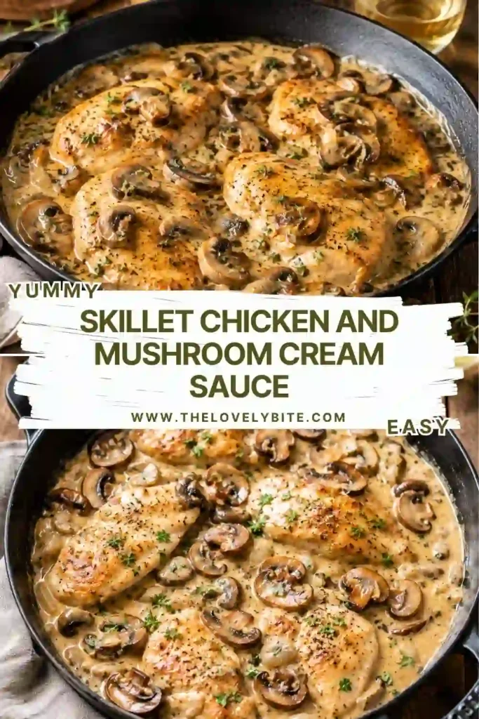 Creamy mushroom chicken served in a skillet with tender chicken cutlets, sliced mushrooms and garlic cream sauce. Fresh herbs garnish the golden chicken and velvety sauce.