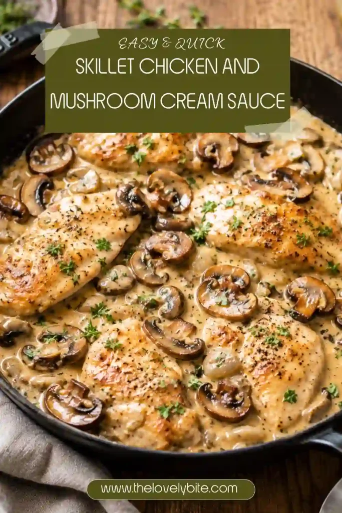 Skillet Chicken and Mushroom Cream Sauce with golden chicken cutlets and browned mushrooms in a rich creamy sauce. Fresh thyme and parsley add color to the savory one-pan dinner.